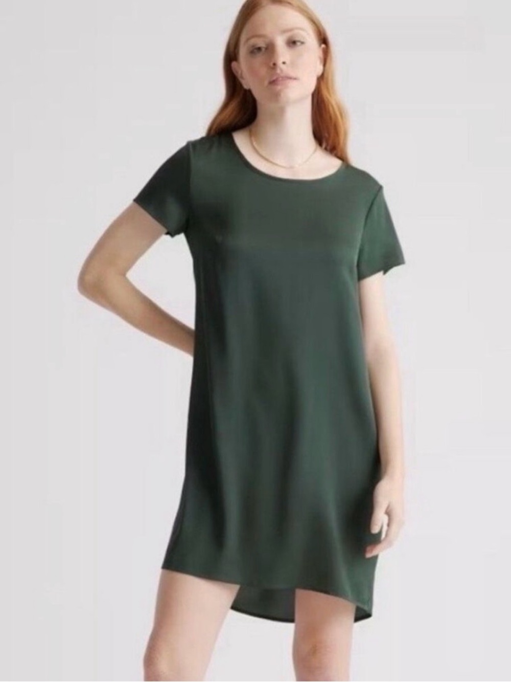 Quince | Silk washable stretch tee dress Womens size S forest green short sleeve